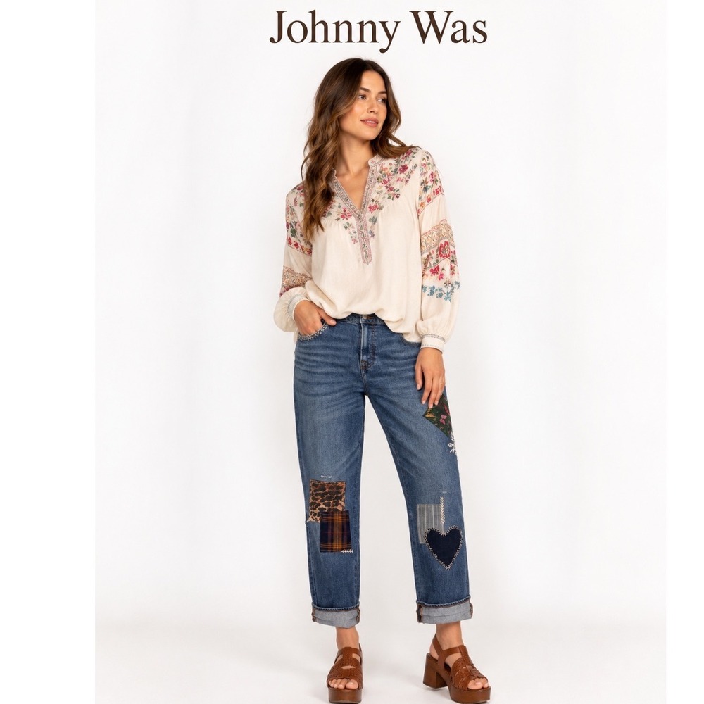 Johnny Was Blue Patchwork Boyfriend Jeans